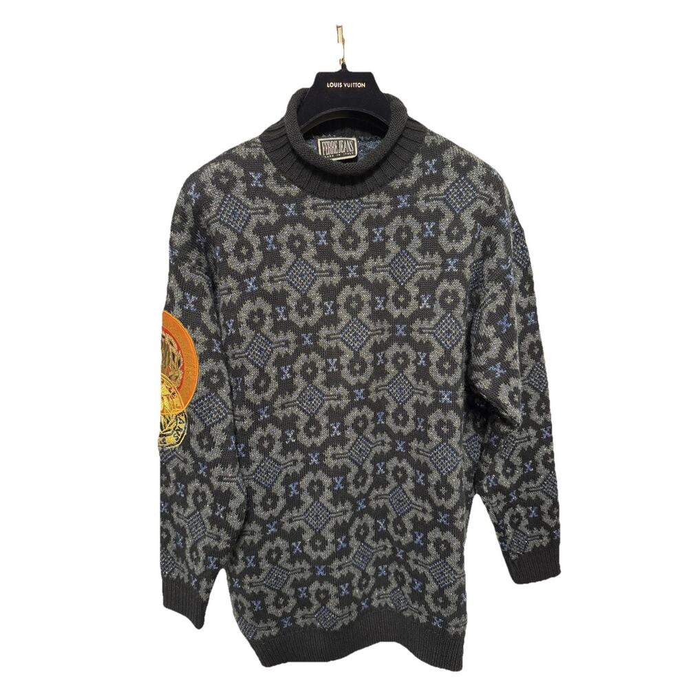 Ferre Jeans Sweater Mens Medium Mock Neck Embroidered Patch Made in Italy